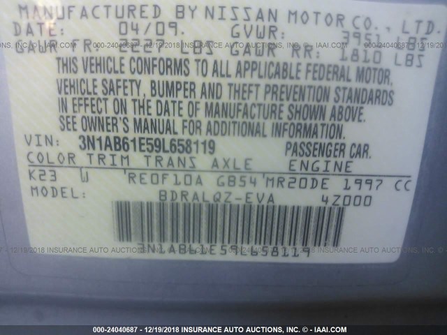 3N1AB61E59L658119 - 2009 NISSAN SENTRA 2.0/2.0S/2.0SL SILVER photo 9