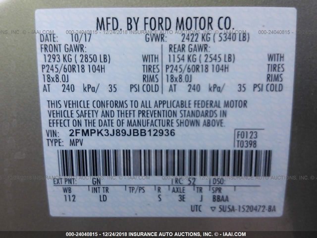 2FMPK3J89JBB12936 - 2018 FORD EDGE SEL SILVER photo 9