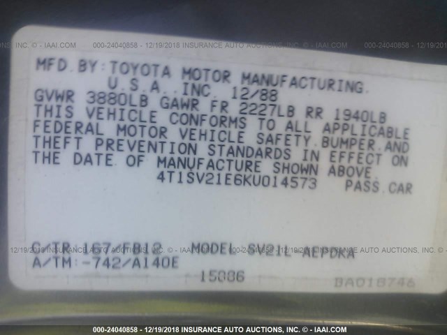 4T1SV21E6KU014573 - 1989 TOYOTA CAMRY DLX 蓝色 照片 9