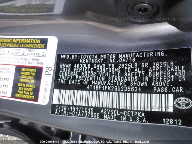 4T1BF1FK2GU235634 - 2016 TOYOTA CAMRY LE/XLE/SE/XSE GRAY photo 9