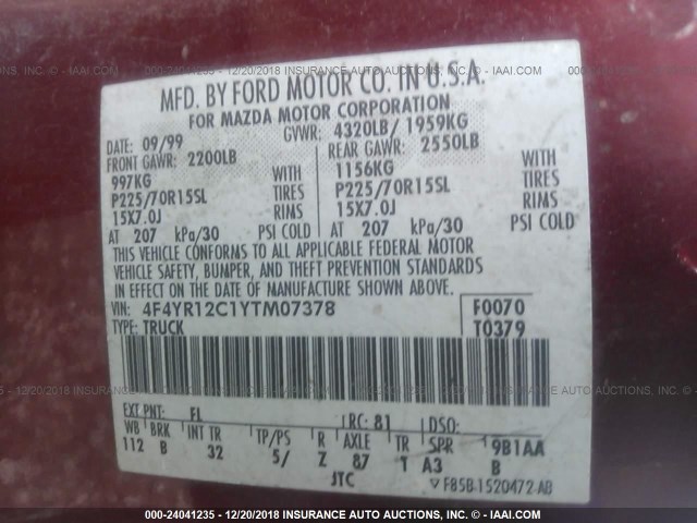 4F4YR12C1YTM07378 - 2000 MAZDA B2500 RED photo 9