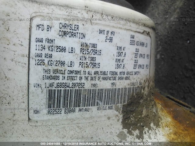 1J4FJ68S6WL207252 - 1998 JEEP CHEROKEE SPORT/CLASSIC Biały zdjęcie 9