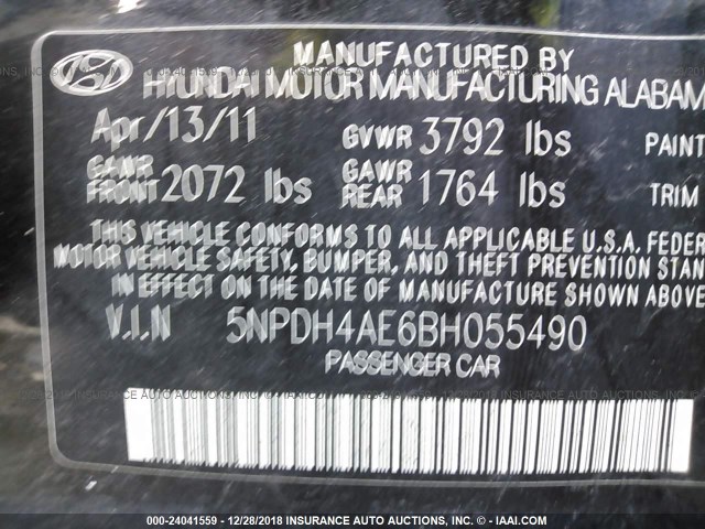 5NPDH4AE6BH055490 - 2011 HYUNDAI ELANTRA GLS/LIMITED BLACK photo 9