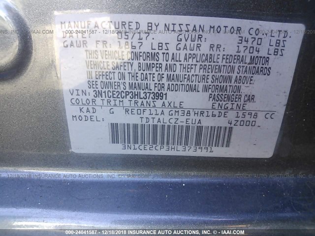 3N1CE2CP3HL373991 - 2017 NISSAN VERSA NOTE S/S PLUS/SV/SL/SR GRAY photo 9