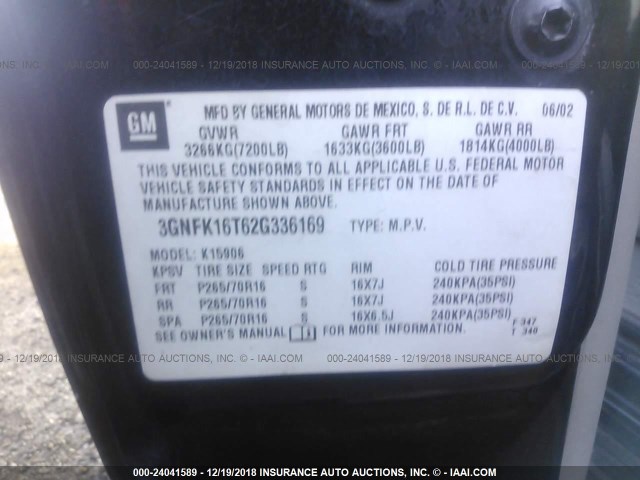 3GNFK16T62G336169 - 2002 CHEVROLET SUBURBAN K1500 BLACK photo 9