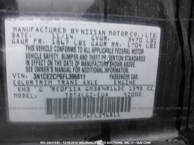 3N1CE2CP6FL396811 - 2015 NISSAN VERSA NOTE S/S PLUS/SV/SL/SR BLACK photo 9