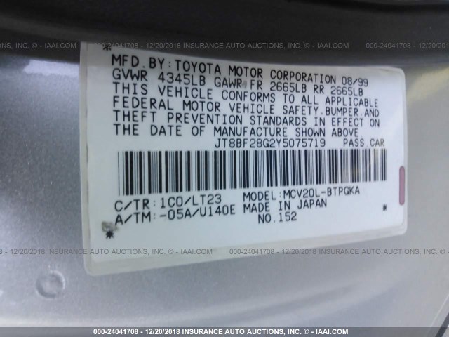 JT8BF28G2Y5075719 - 2000 LEXUS ES 300 SILVER photo 9