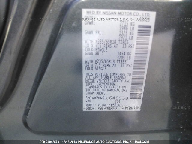 5N1AR2MN0EC640559 - 2014 NISSAN PATHFINDER S/SV/SL/PLATINUM BLACK photo 9