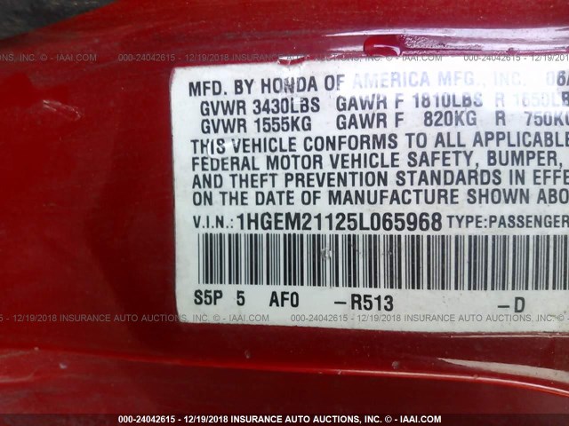 1HGEM21125L065968 - 2005 HONDA CIVIC DX VP RED photo 9