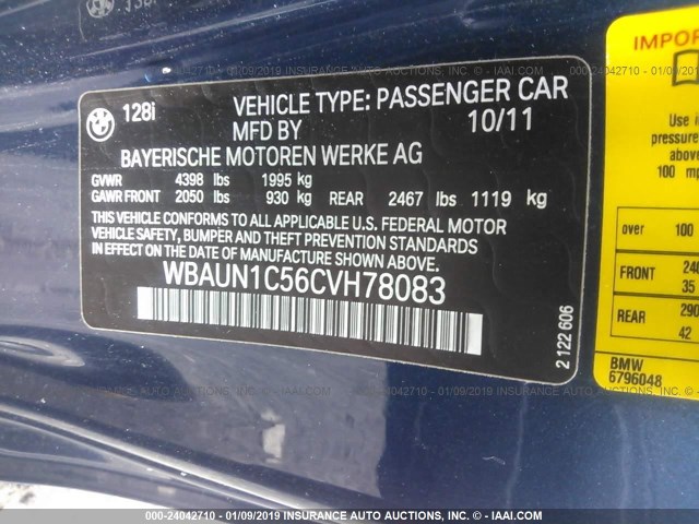 WBAUN1C56CVH78083 - 2012 BMW 128 I BLUE photo 9