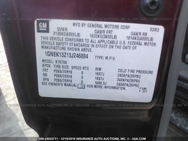 1GNEK13Z13J246884 - 2003 CHEVROLET TAHOE K1500 RED photo 9