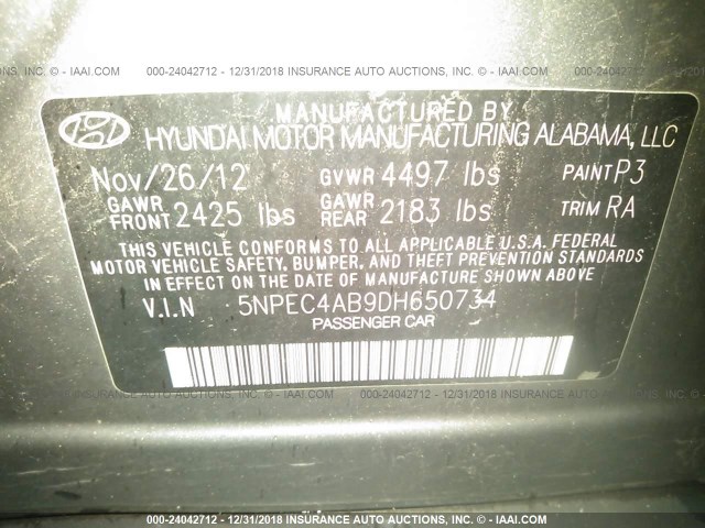 5NPEC4AB9DH650734 - 2013 HYUNDAI SONATA SE/LIMITED SILVER photo 9