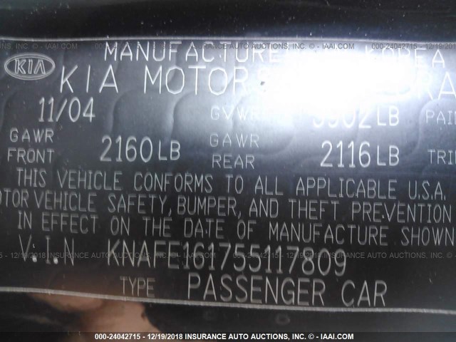 KNAFE161755117809 - 2005 KIA SPECTRA5 BLACK photo 9