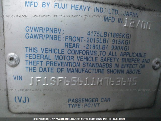 JF1SF65611H763645 - 2001 SUBARU FORESTER S SILVER photo 9