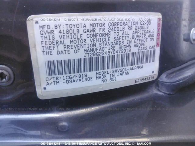 JT2BG22K8Y0472918 - 2000 TOYOTA CAMRY CE/LE/XLE 灰色 照片 9