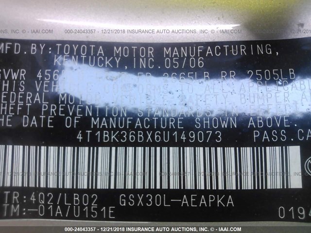 4T1BK36BX6U149073 - 2006 TOYOTA AVALON XL/XLS/TOURING/LIMITED GOLD photo 9