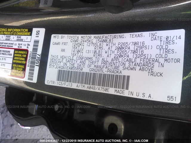 5TFJU4GN1EX055850 - 2014 TOYOTA TACOMA DOUBLE CAB PRERUNNER GRAY photo 9