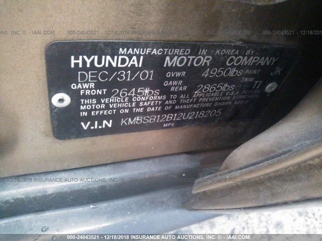 KM8SB12B12U218205 - 2002 HYUNDAI SANTA FE GL GOLD photo 9