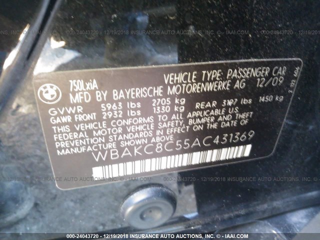 WBAKC8C55AC431369 - 2010 BMW 750 LI/XDRIVE BLACK photo 9
