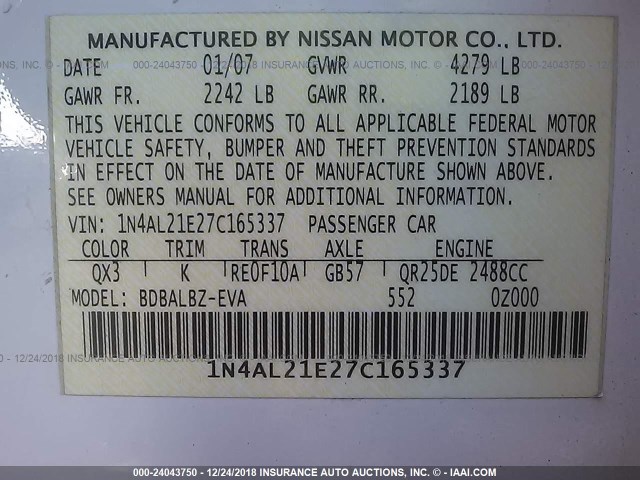 1N4AL21E27C165337 - 2007 NISSAN ALTIMA 2.5/2.5S WHITE photo 9