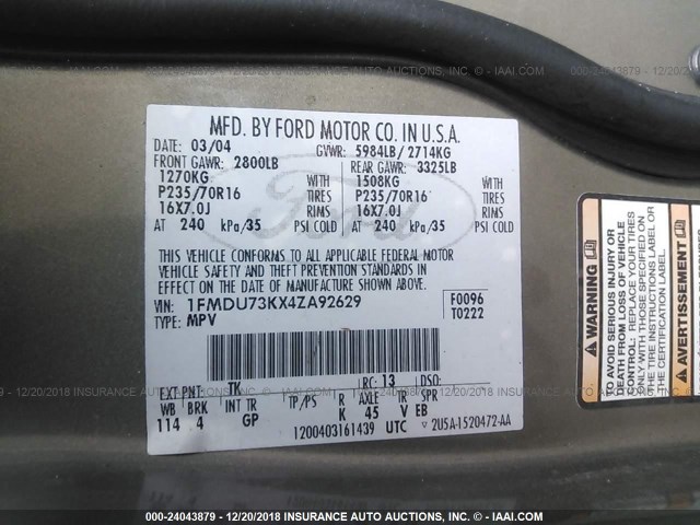 1FMDU73KX4ZA92629 - 2004 FORD EXPLORER XLT/XLT SPORT/NBX 棕色 照片 9