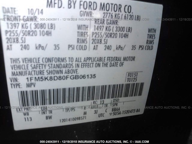 1FM5K8D80FGB06135 - 2015 FORD EXPLORER XLT BLACK photo 9