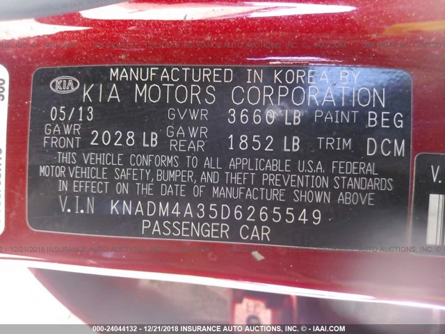 KNADM4A35D6265549 - 2013 KIA RIO LX RED photo 9