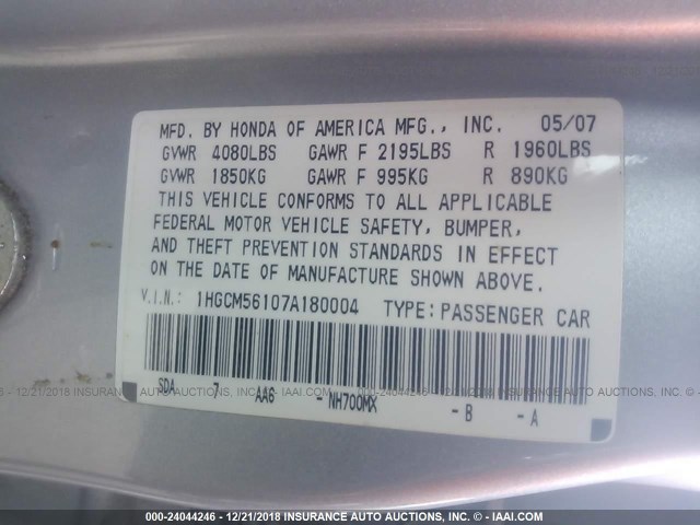 1HGCM56107A180004 - 2007 HONDA ACCORD VALUE SILVER photo 9