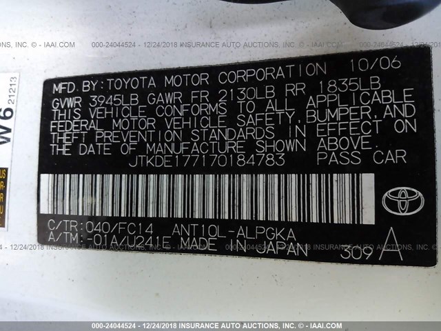 JTKDE177170184783 - 2007 TOYOTA SCION TC თეთრი ფოტო 9