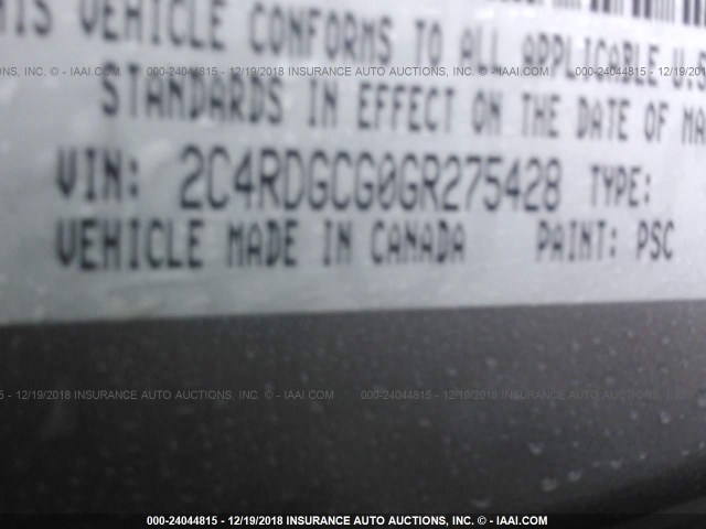 2C4RDGCG0GR275428 - 2016 DODGE GRAND CARAVAN SXT SILVER photo 9