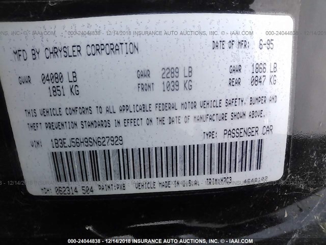 1B3EJ56H9SN627929 - 1995 DODGE STRATUS ES BLACK photo 9