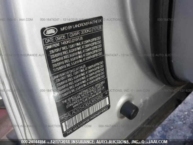 SALAD25436A360956 - 2006 LAND ROVER LR3 SE GRAY photo 9