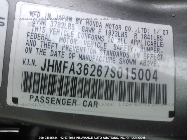 JHMFA36267S015004 - 2007 HONDA CIVIC HYBRID BROWN photo 9