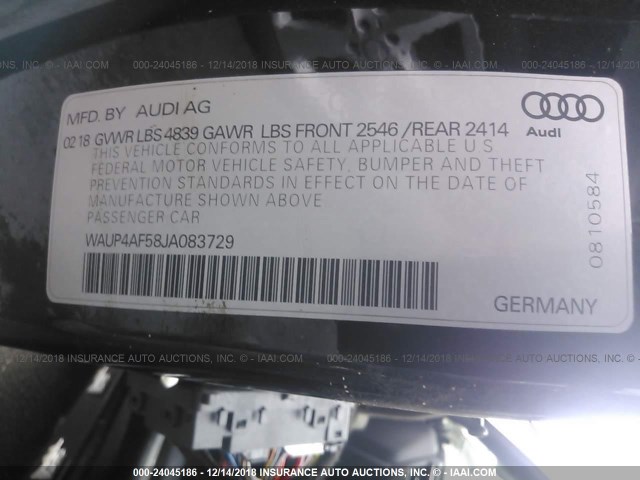 WAUP4AF58JA083729 - 2018 AUDI S5 PREMIUM PLUS BLACK photo 9