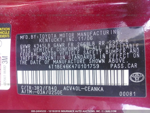 4T1BE46K47U101759 - 2007 TOYOTA CAMRY NEW GENERAT CE/LE/XLE/SE RED photo 9
