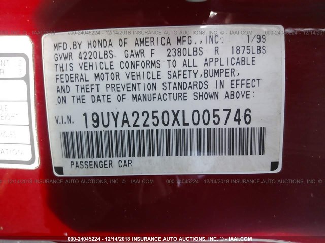 19UYA2250XL005746 - 1999 ACURA 3.0CL RED photo 9