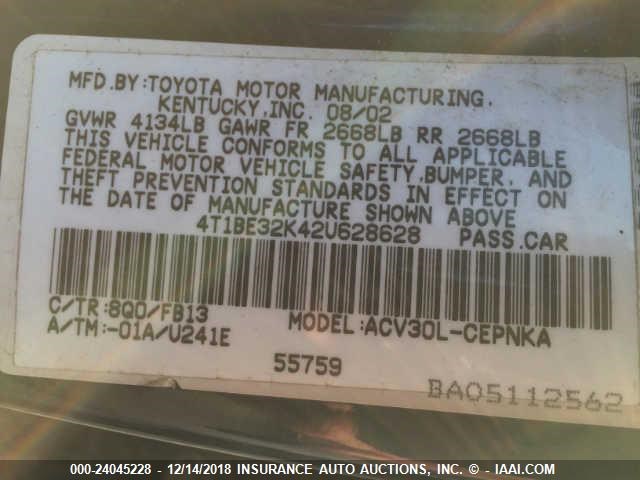 4T1BE32K42U628628 - 2002 TOYOTA CAMRY LE/XLE/SE BLUE photo 9