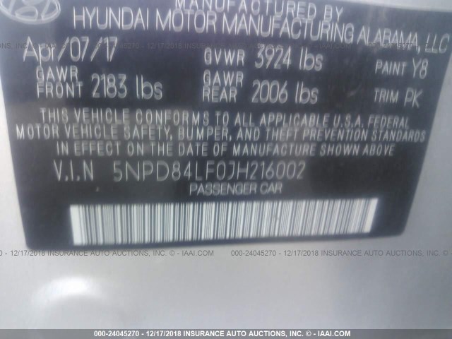 5NPD84LF0JH216002 - 2018 HYUNDAI ELANTRA SEL/VALUE/LIMITED SILVER photo 9