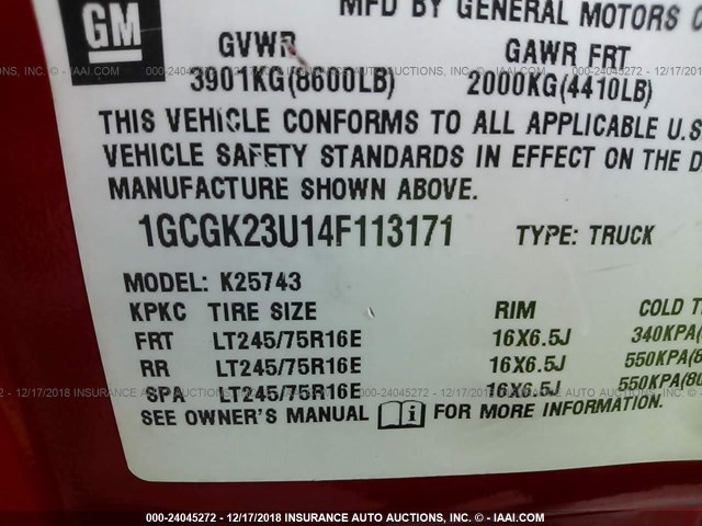 1GCGK23U14F113171 - 2004 CHEVROLET SILVERADO K2500 RED photo 9