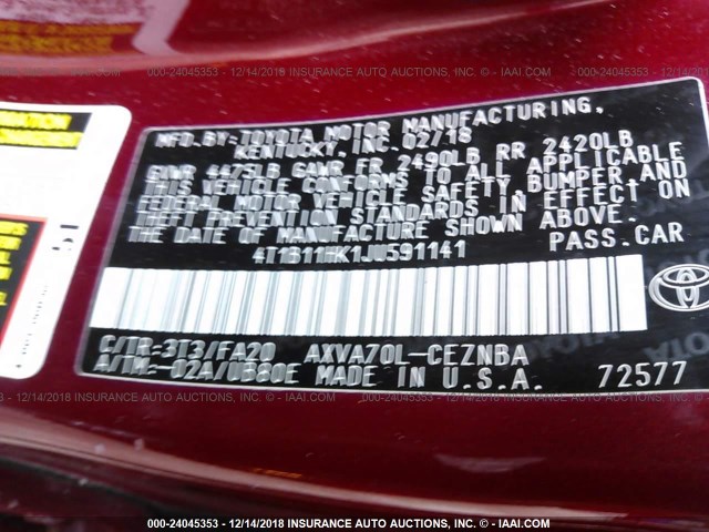 4T1B11HK1JU591141 - 2018 TOYOTA CAMRY L/LE/XLE/SE/XSE RED photo 9