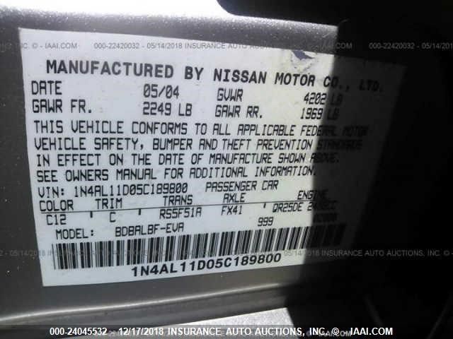 1N4AL11D05C189800 - 2005 NISSAN ALTIMA S/SL TAN photo 9