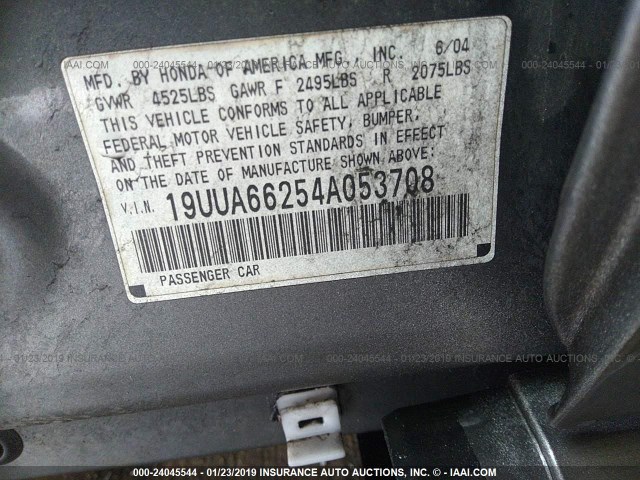 19UUA66254A053708 - 2004 ACURA TL GRAY photo 9