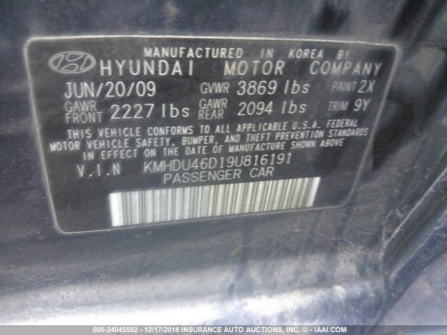 KMHDU46D19U816191 - 2009 HYUNDAI ELANTRA GLS/SE BLUE photo 9