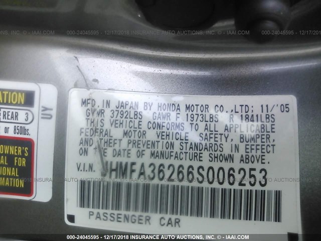 JHMFA36266S006253 - 2006 HONDA CIVIC HYBRID GRAY photo 9