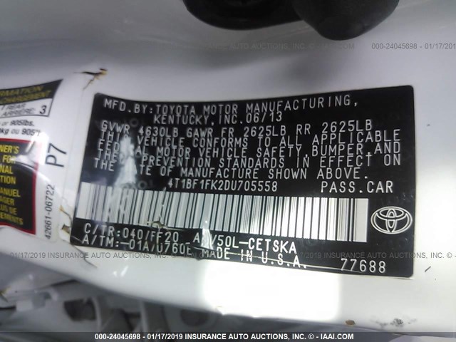 4T1BF1FK2DU705558 - 2013 TOYOTA CAMRY L/SE/LE/XLE 白色 照片 9