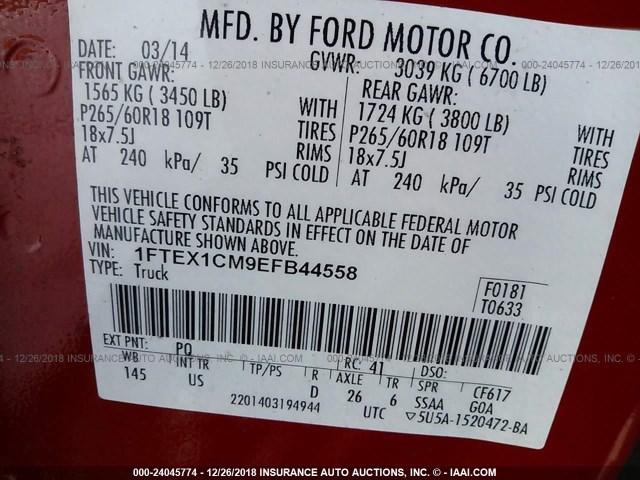 1FTEX1CM9EFB44558 - 2014 FORD F150 SUPER CAB RED photo 9