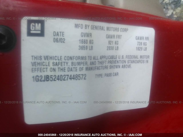1G2JB524027448572 - 2002 PONTIAC SUNFIRE SE RED photo 9