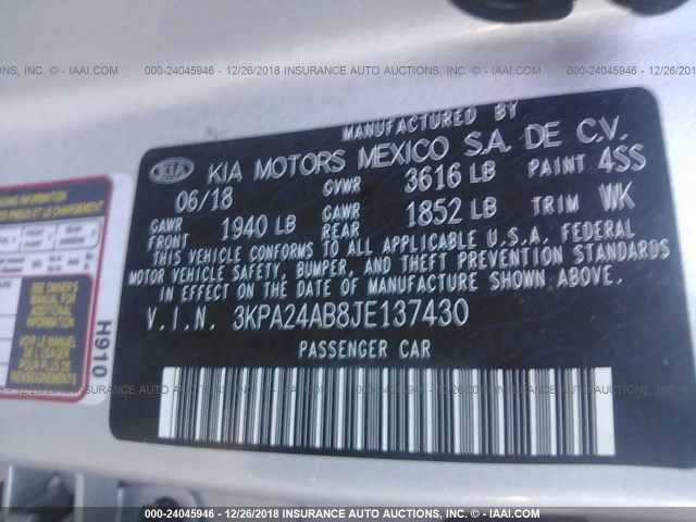 3KPA24AB8JE137430 - 2018 KIA RIO LX/S SILVER photo 9