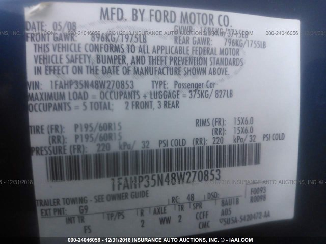 1FAHP35N48W270853 - 2008 FORD FOCUS SE/SEL/SES BLUE photo 9