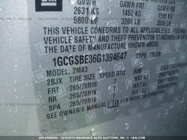 1GCGSBE36G1394647 - 2016 CHEVROLET COLORADO SILVER photo 9